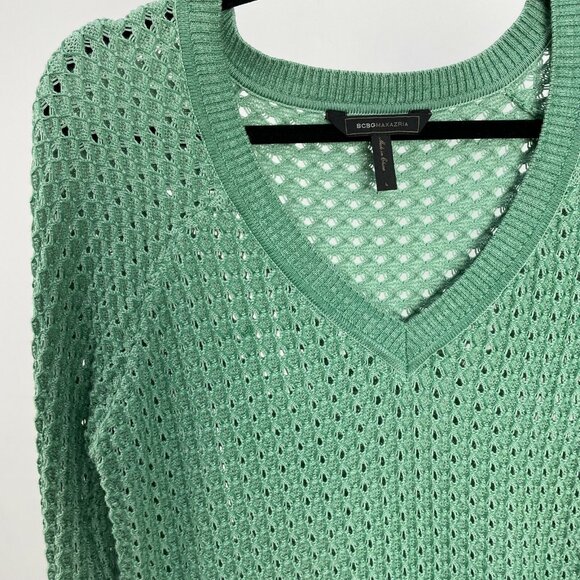 BCBGMAXAZRIA Large Dusty Jade Green KENT V Neck Sweater Open Knit Pullover - Picture 14 of 15